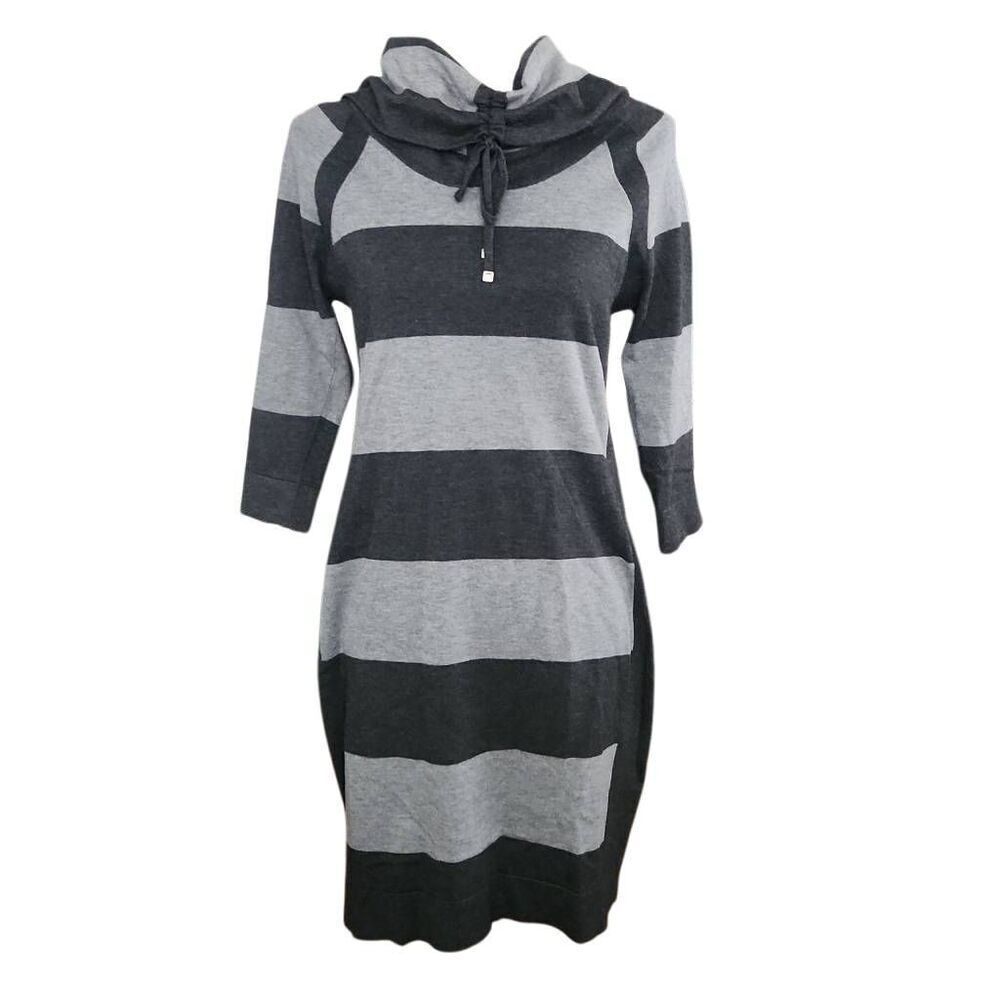 ETC Women's Size Medium Gray Striped Cowl Neck 3/4 Sleeve Dress